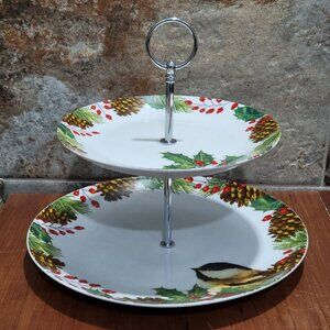 Vintage Two Tier Mary Lake Thompson Porcelain Holly & Pine Cake Stand Christmas